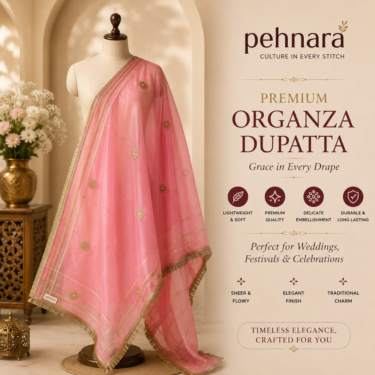 Soft Pink Organza Dupatta with Sunburst Butti — Style Guide 2026 | Pehnara