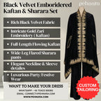 Black velvet embroidered kaftan and sharara set with customizable tailoring options on a neutral background.
