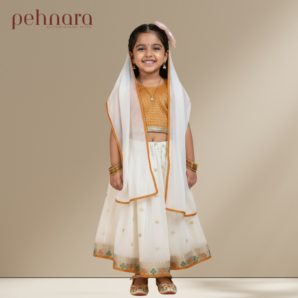 Young girl in traditional outfit with 'pehnara' branding on a beige background