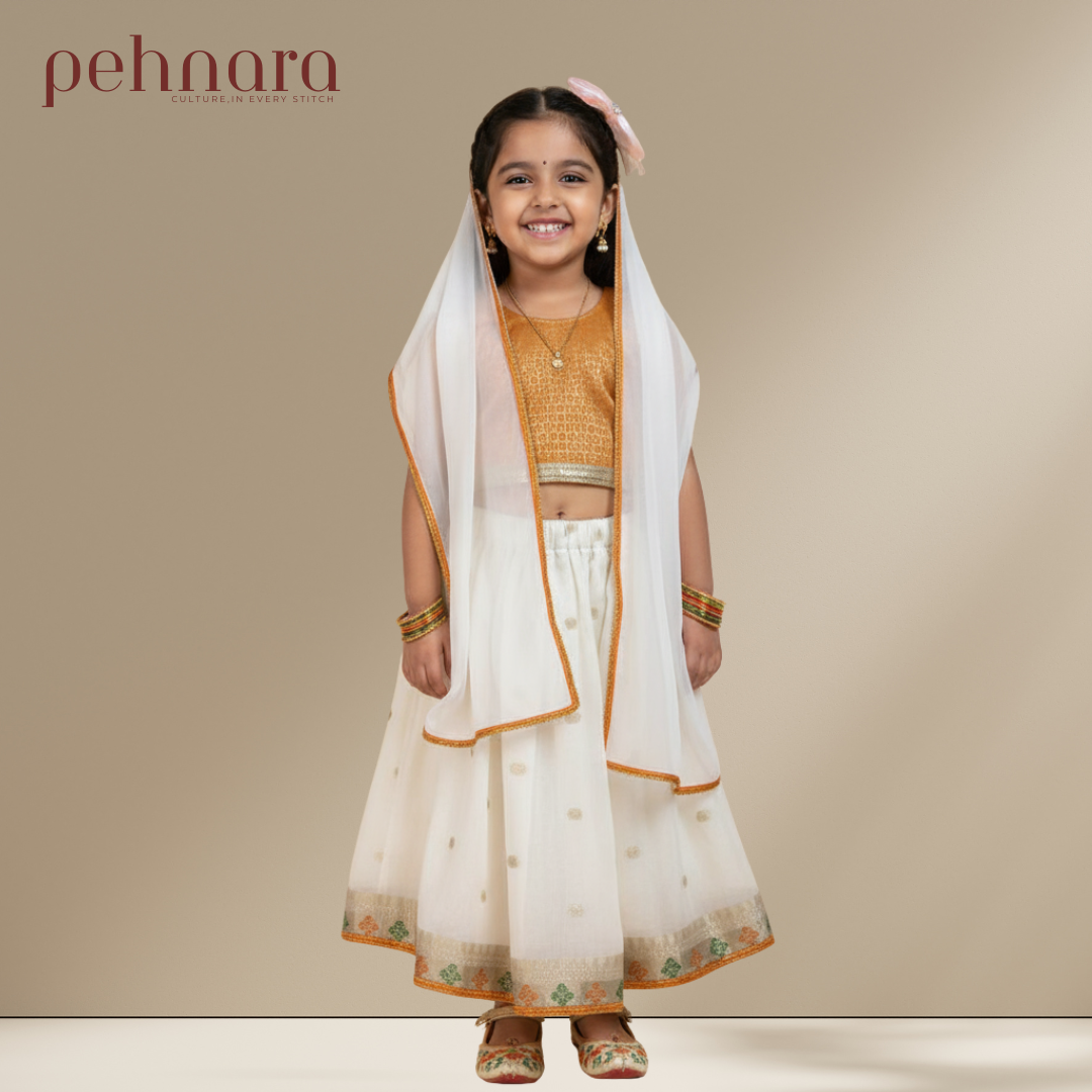 Young girl in traditional outfit with 'pehnara' branding on a beige background