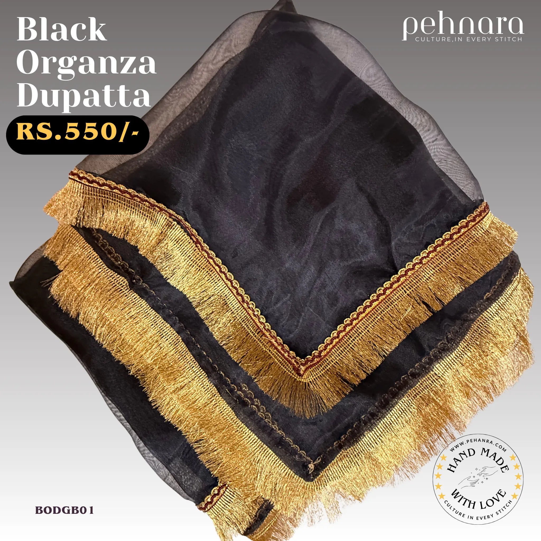 Black Organza Dupatta with Gold Fringe Border