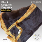 Black Organza Dupatta with Gold Fringe Border