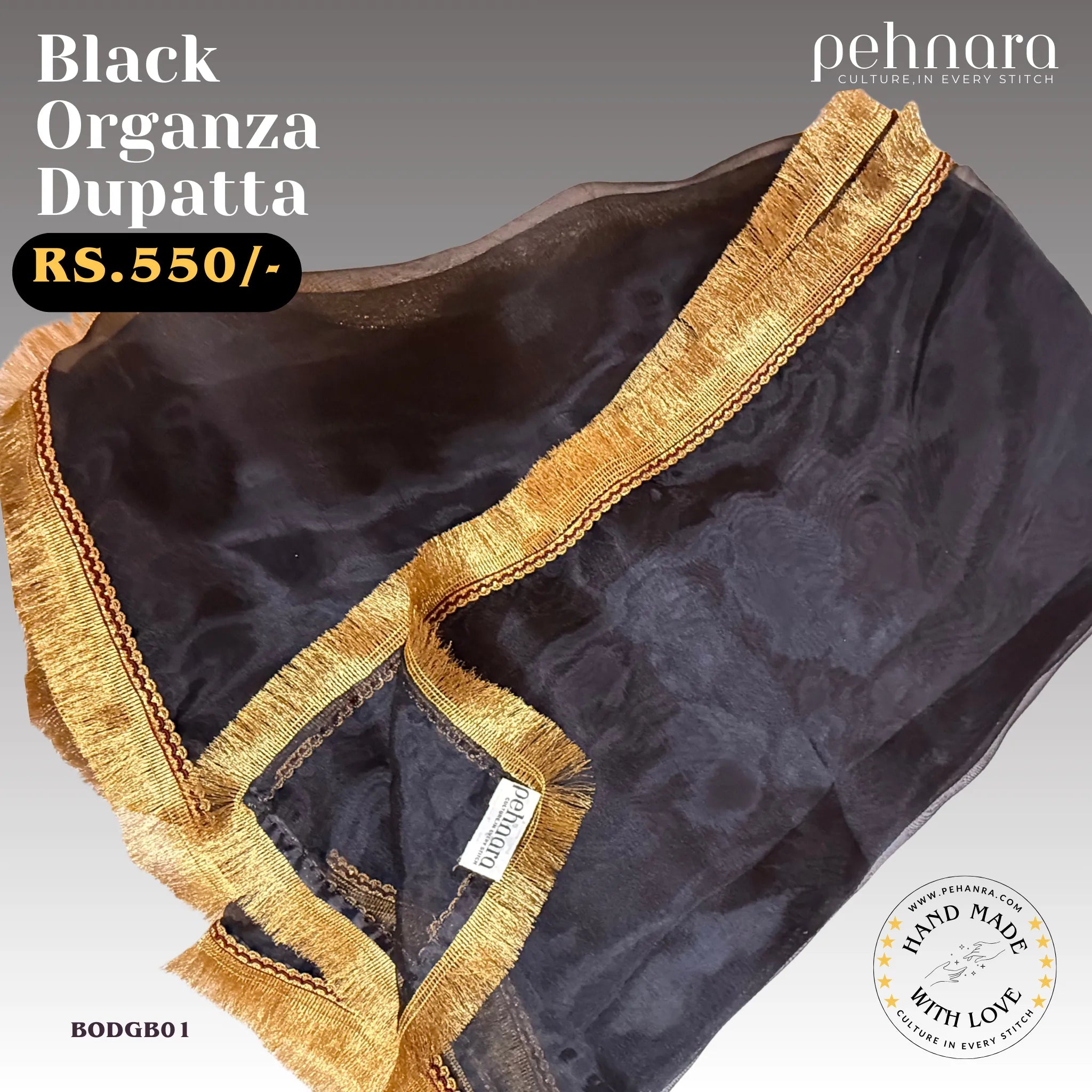 Black Organza Dupatta with Gold Fringe Border