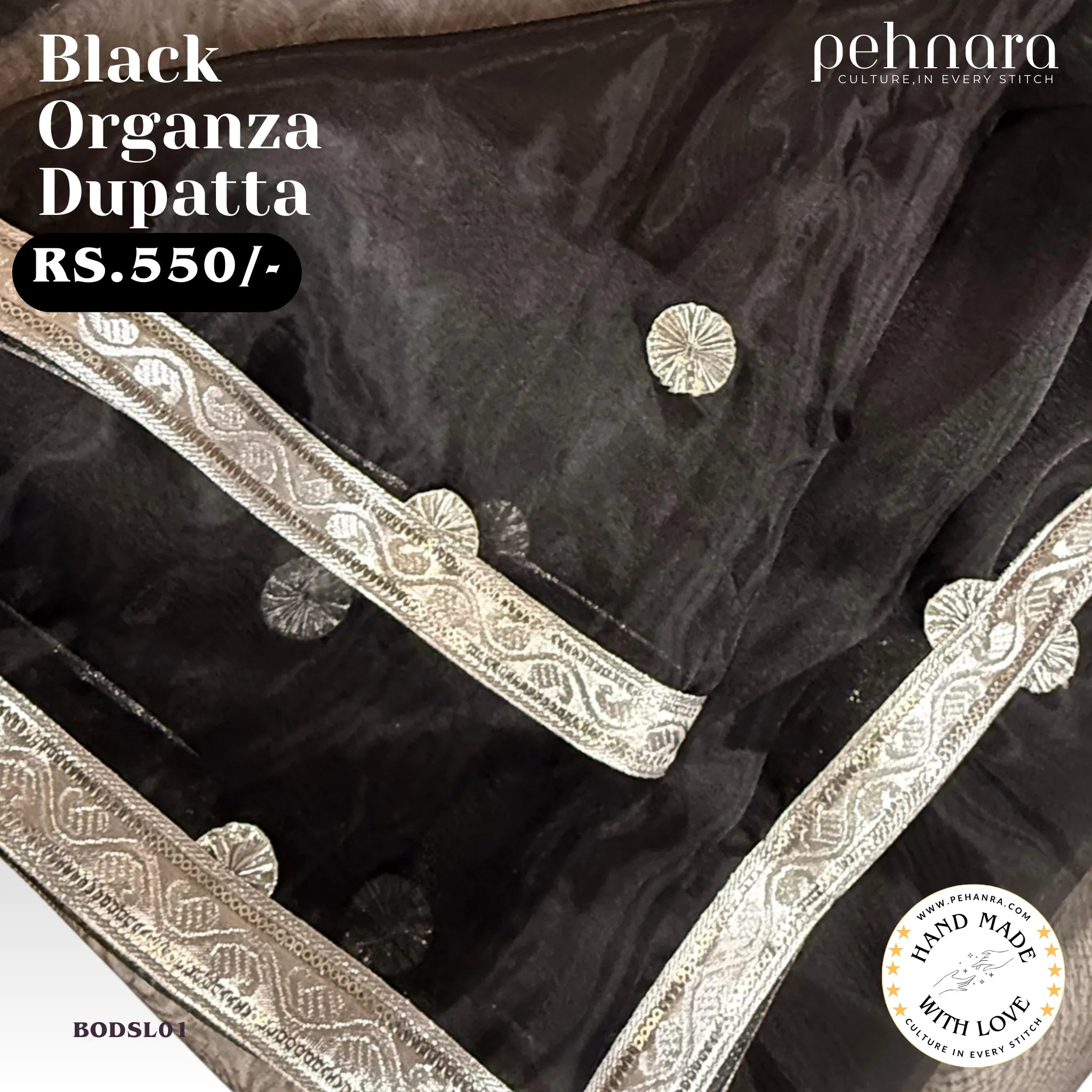 Black Organza Dupatta with Silver Motifs