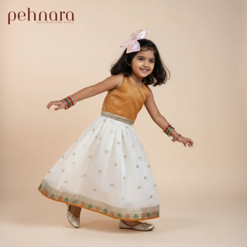 Elegant White & Golden Kids Lehenga Choli with Dupatta – Festive Premium Gift Set