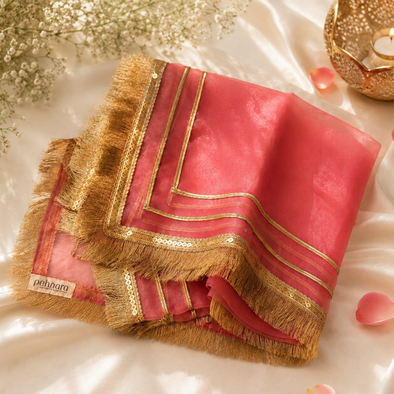 PEHNARA — Coral Rose Organza Dupatta
