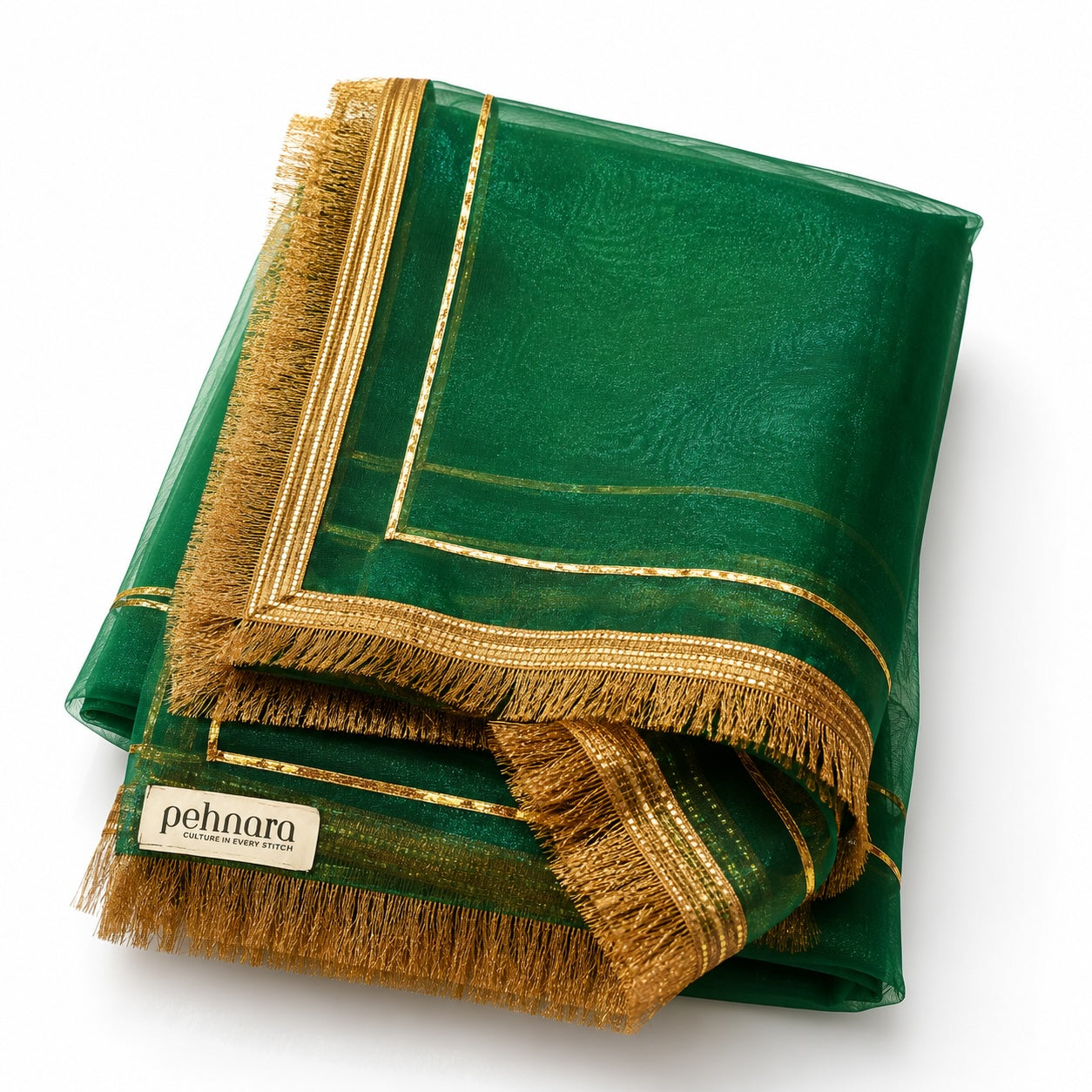 Emerald Green Organza Dupatta | Heavy Gold Border | Pehnara