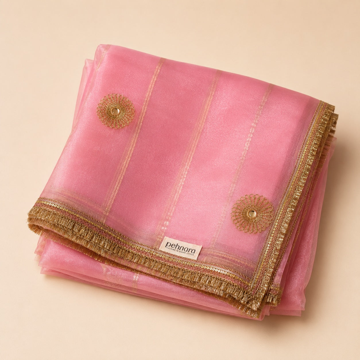 Premium Soft Pink Organza Dupatta with Sunburst Chakra Butti