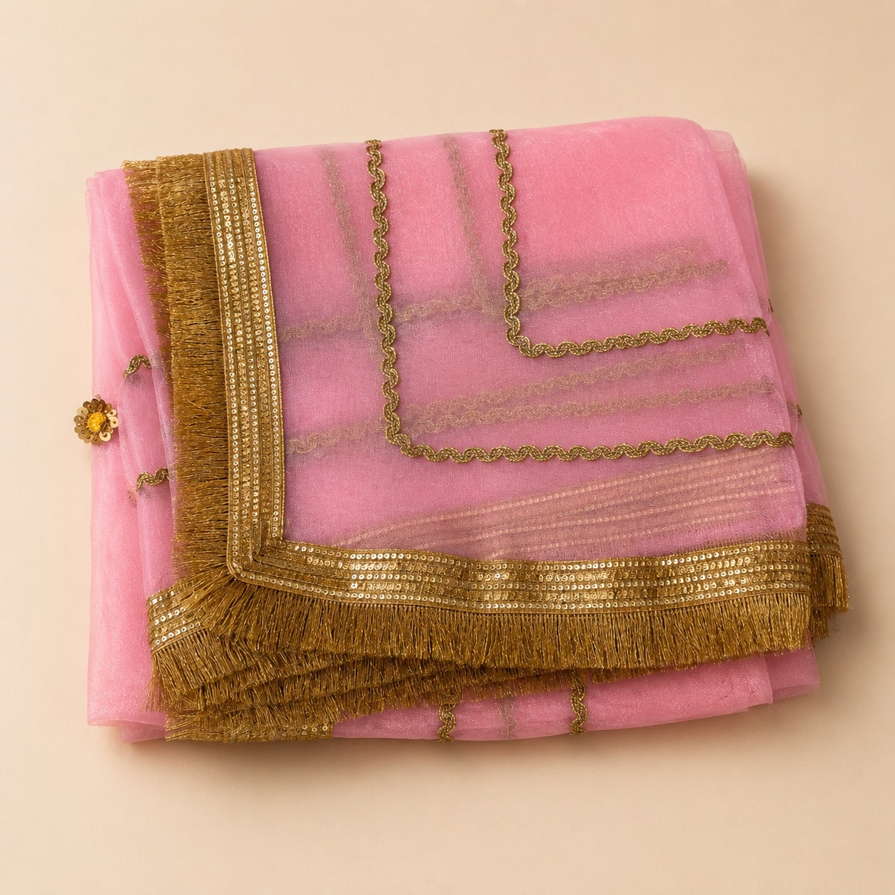 Candy Pink Organza Dupatta | Amber Stone Butti | Pehnara