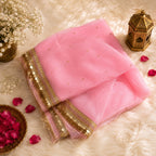Flamingo Pink Organza Dupatta | Gold Coin Border | Pehnara