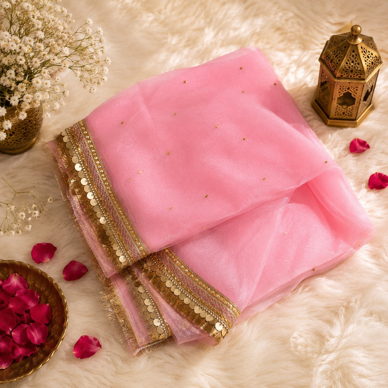 Flamingo Pink Organza Dupatta | Gold Coin Border | Pehnara