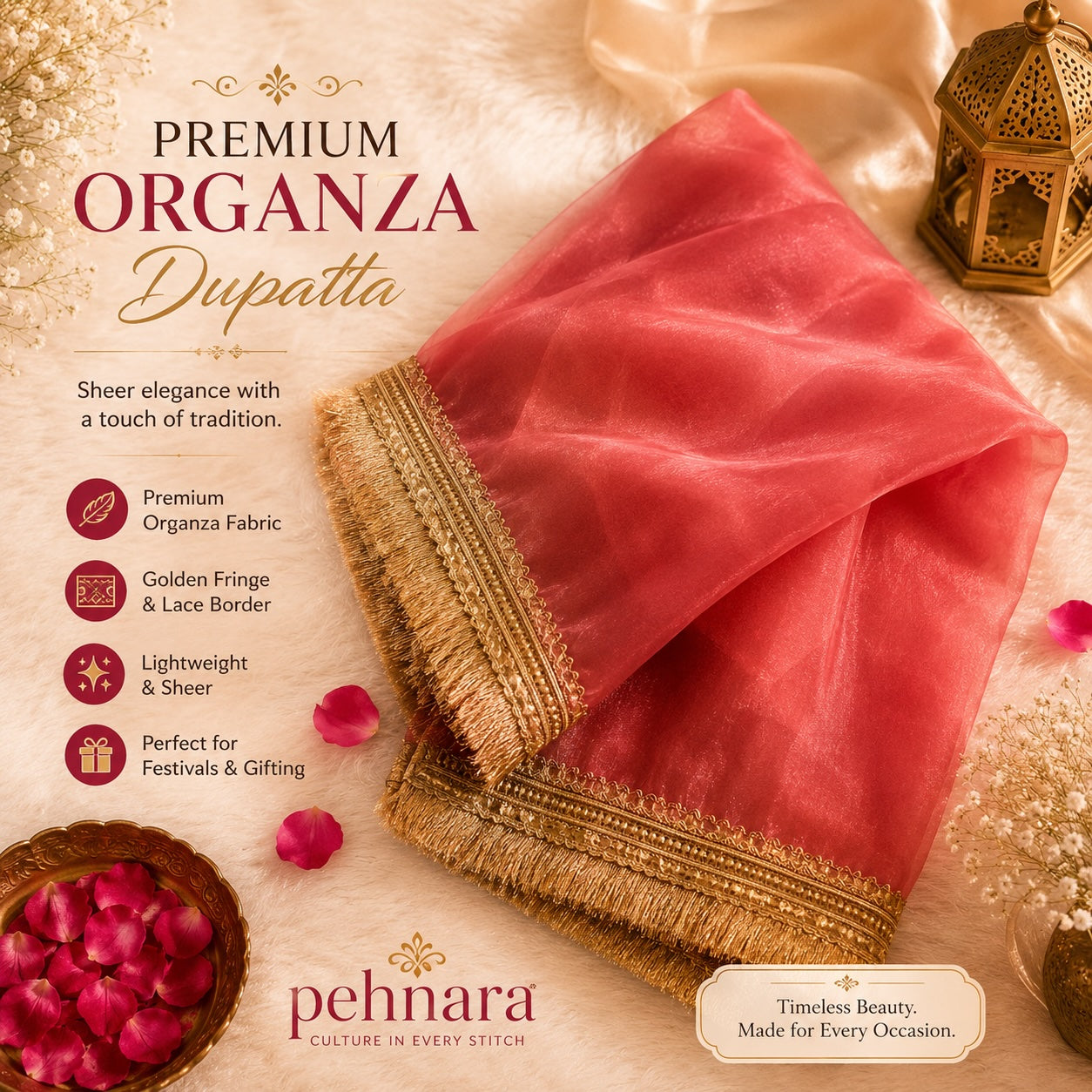 Coral Organza Dupatta | Gold Lace Border | Pehnara