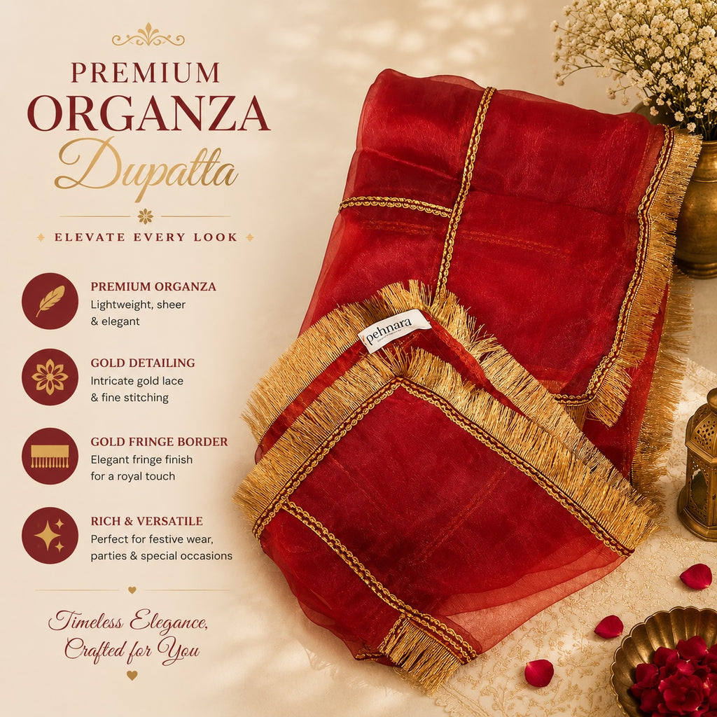 Crimson Red Organza Dupatta | Gold Chain Zari | Pehnara