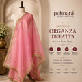 Rose Pink Organza Dupatta | Gold Zari & Flower Butti | Pehnara