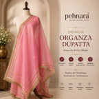 Rose Pink Organza Dupatta | Gold Zari & Flower Butti | Pehnara