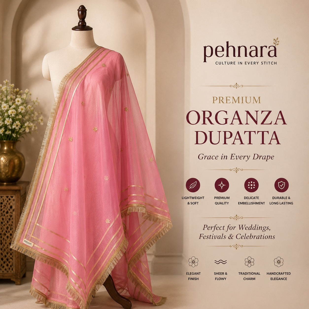 Rose Pink Organza Dupatta | Gold Zari & Flower Butti | Pehnara