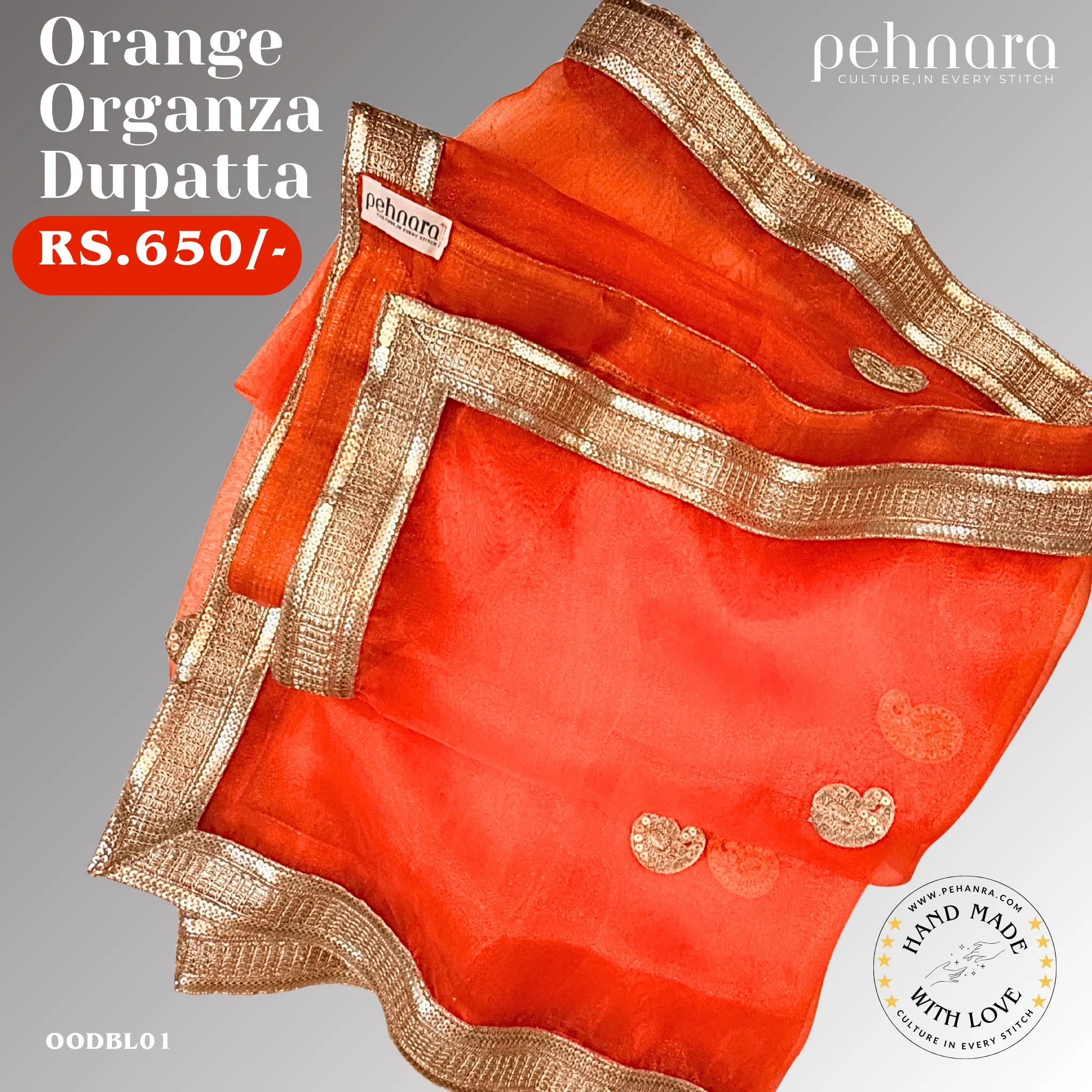 Orange Organza Dupatta with Gold Border