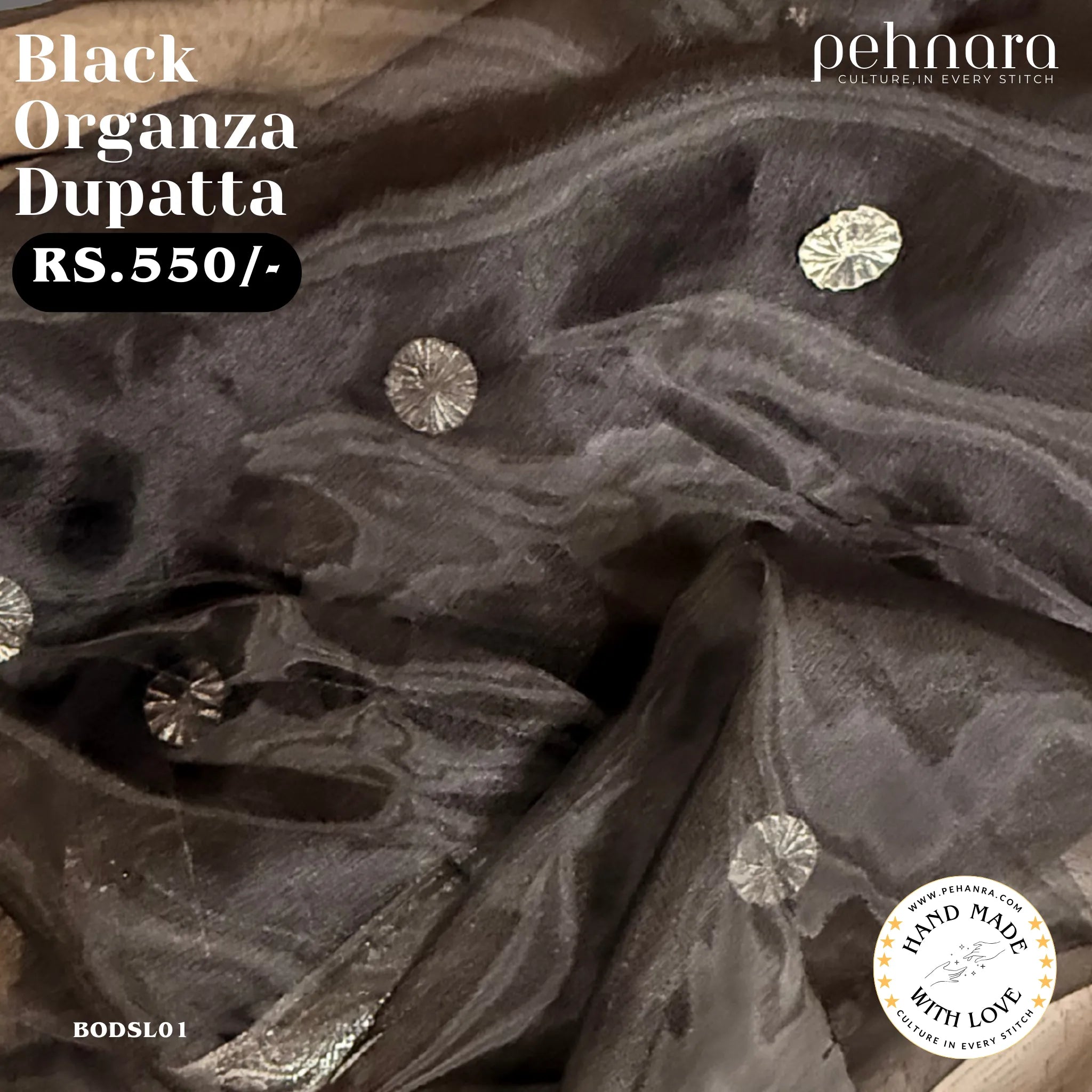 Black Organza Dupatta with Silver Motifs