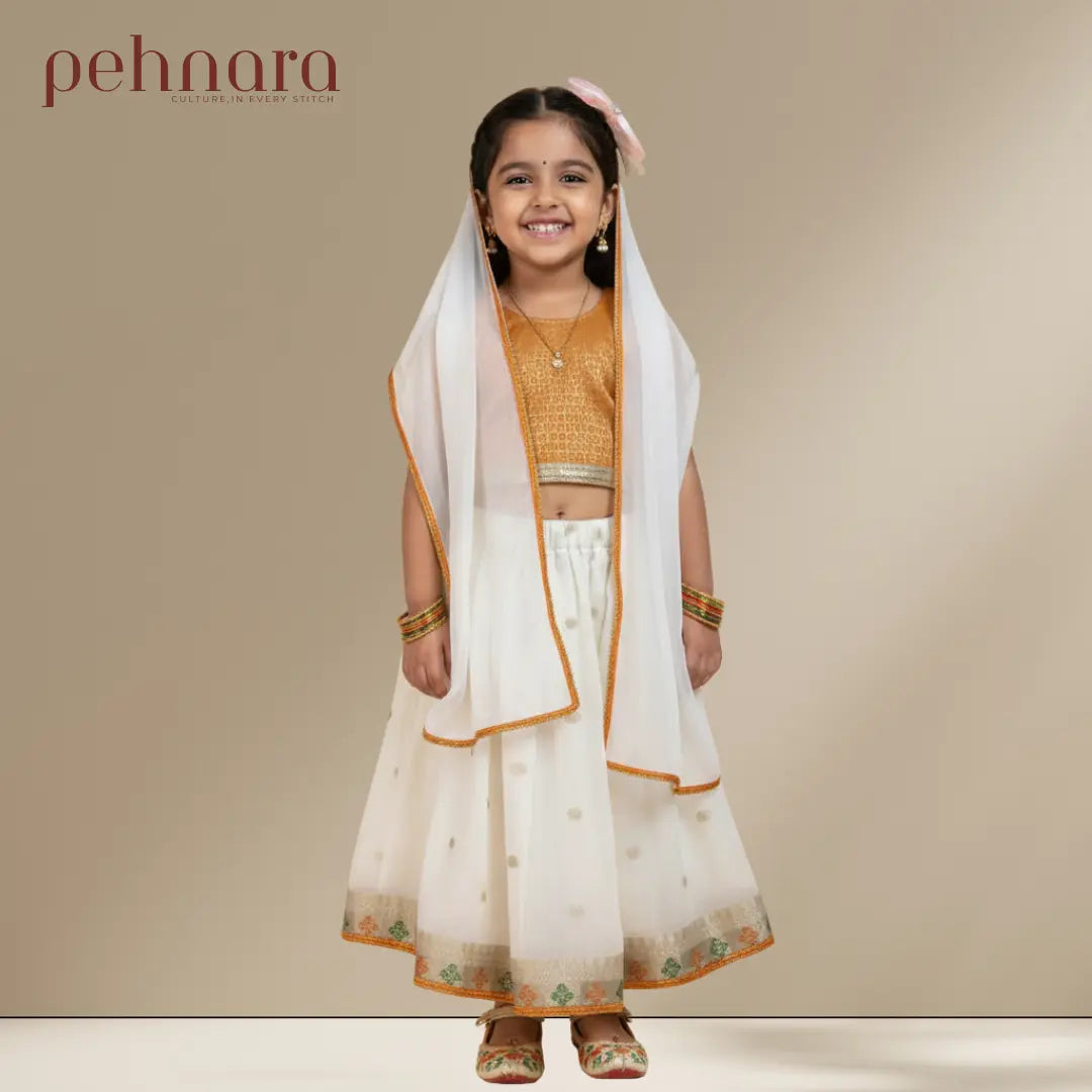 Elegant White & Golden Kids Lehenga Choli with Dupatta – Festive Premium Gift Set