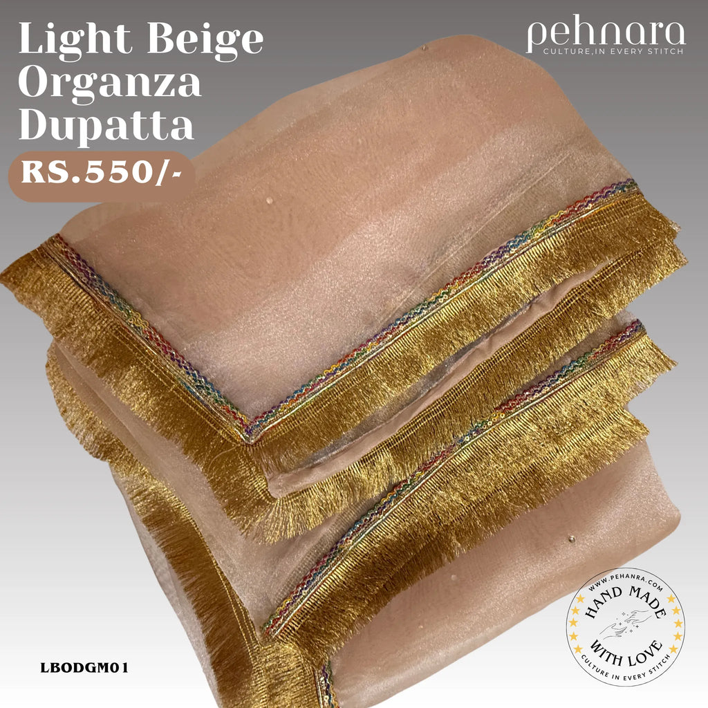 Light Beige Organza Dupatta with Gold Fringe