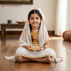 Young girl in traditional attire sitting on the floor with a plate in her hands, indoors.
