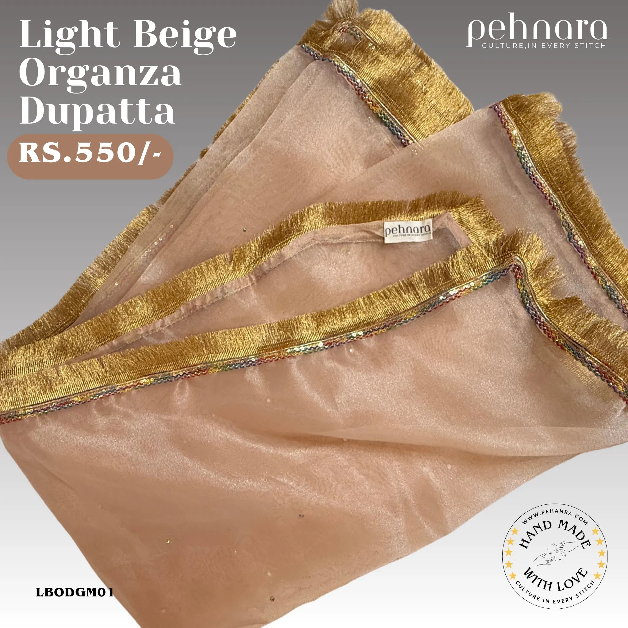 Light Beige Organza Dupatta with Gold Fringe