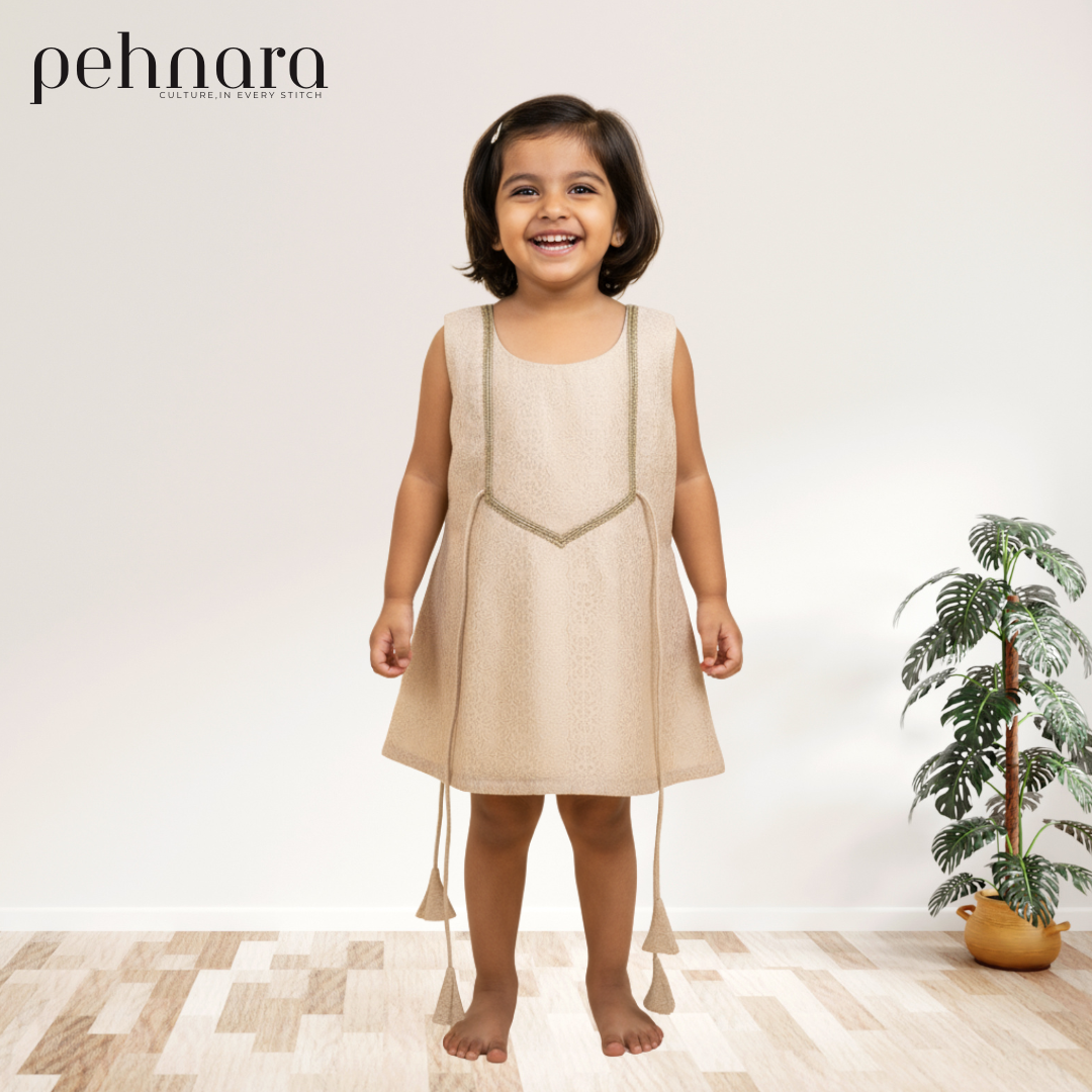 Beige Handcrafted Designer Kurti with Golden Lace Detailing