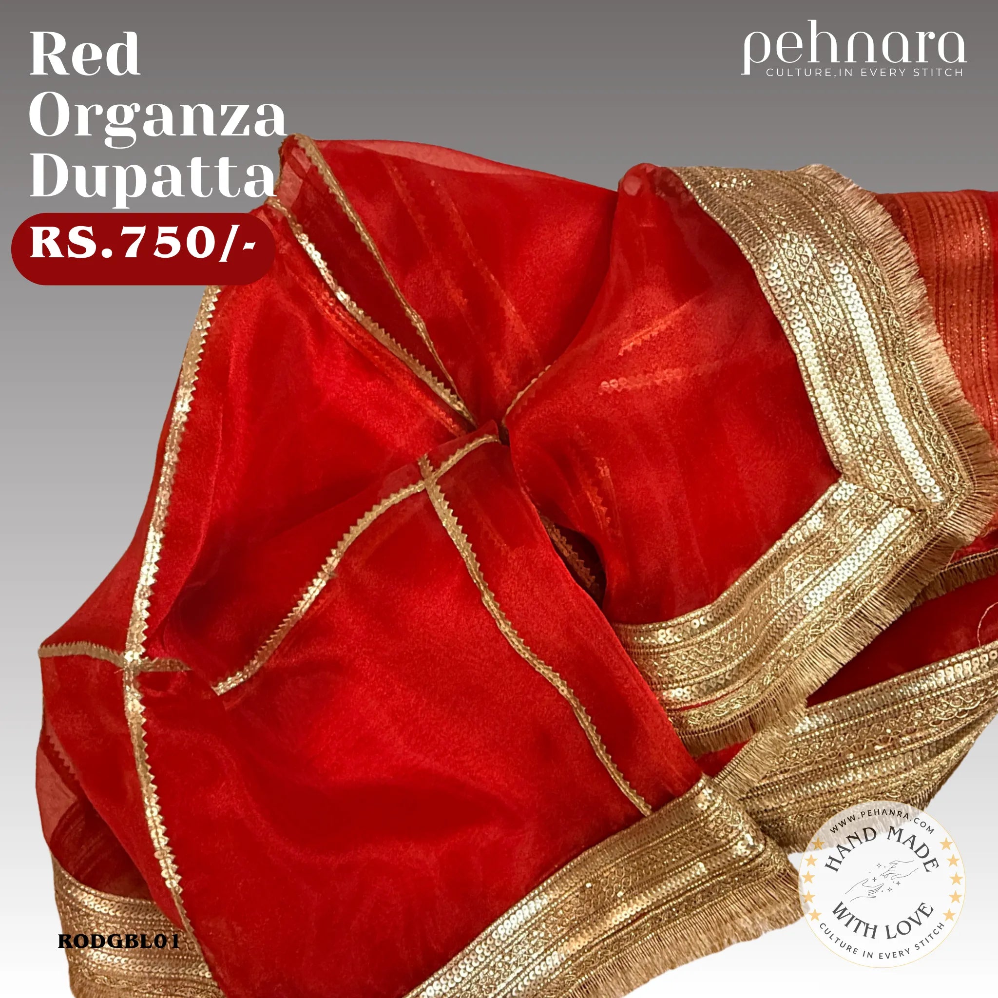 Red Organza Dupatta with Heavy Gold Border