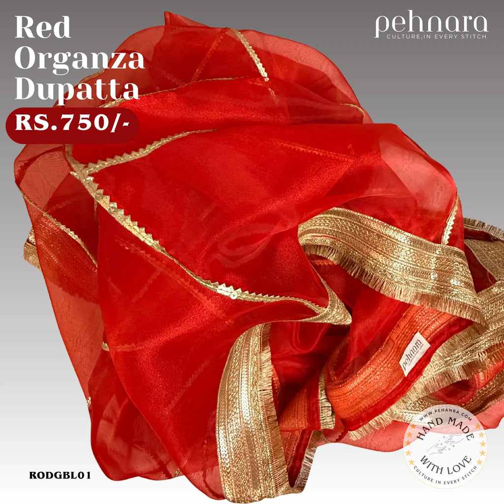 Red Organza Dupatta with Heavy Gold Border