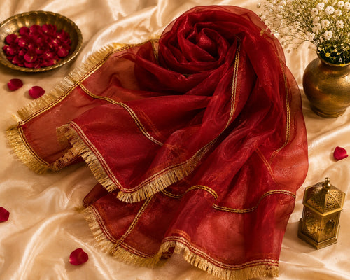 Crimson Red Organza Dupatta | Gold Chain Zari | Pehnara