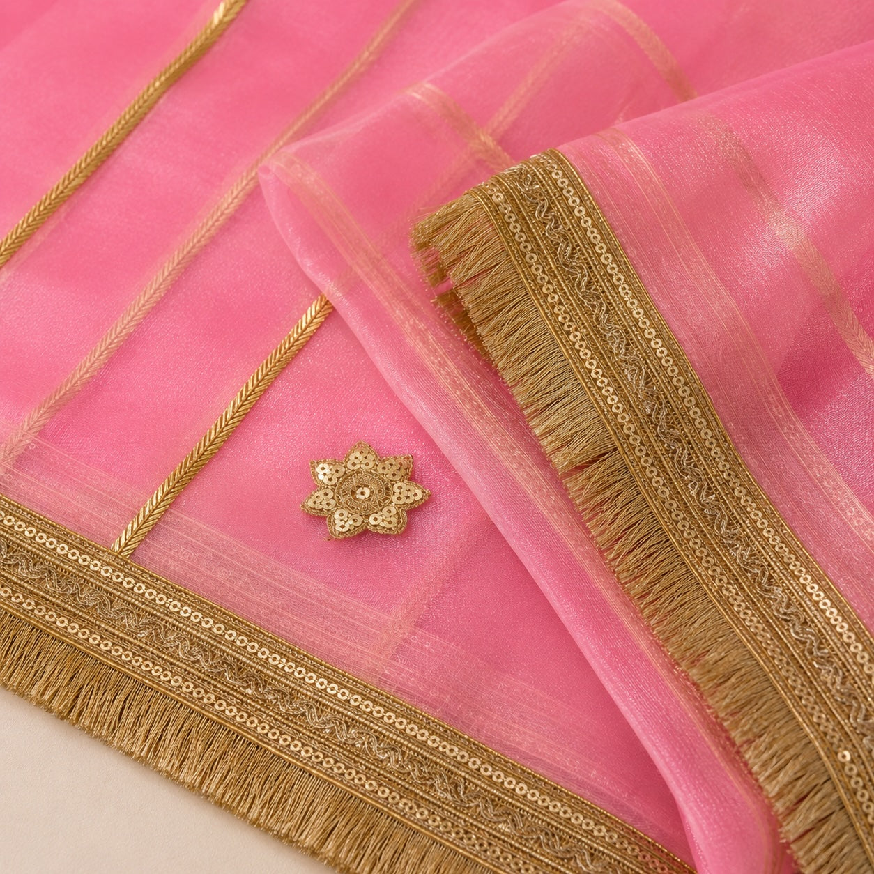 Rose Pink Organza Dupatta | Gold Zari & Flower Butti | Pehnara