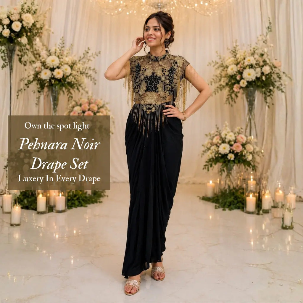 Pehnara Noir Embellished Drape Skirt Set
