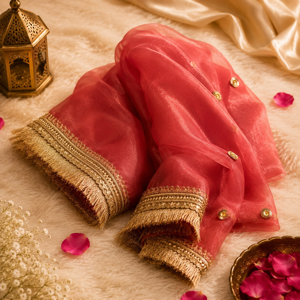 Coral Organza Dupatta | Gold Lace Border | Pehnara
