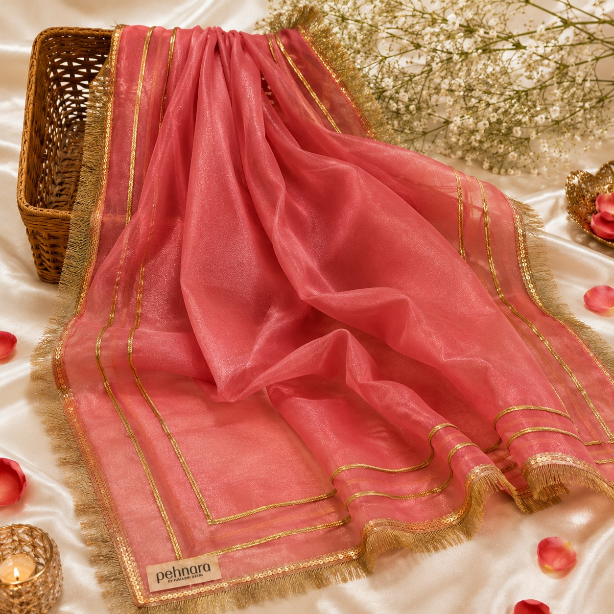 PEHNARA — Coral Rose Organza Dupatta