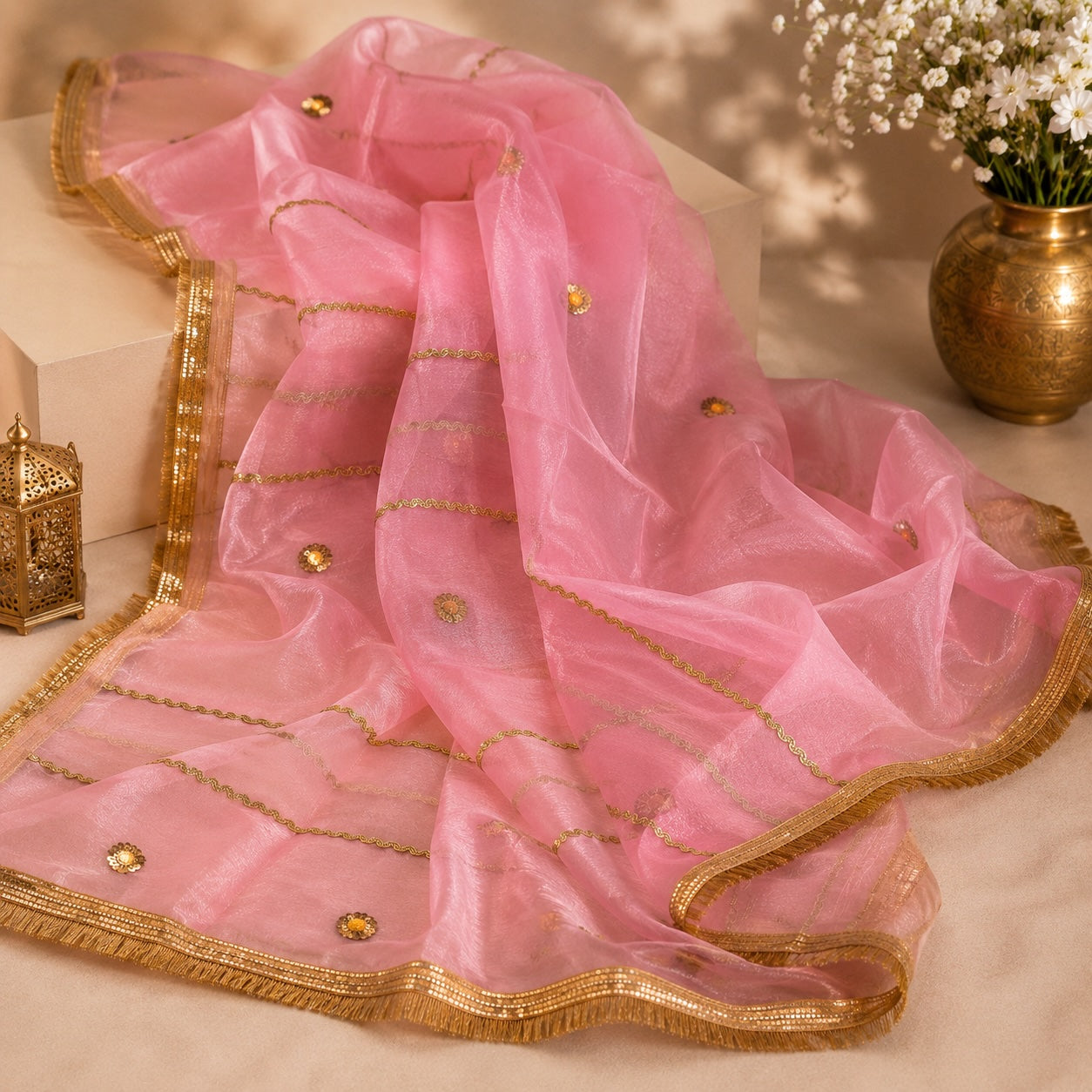 Candy Pink Organza Dupatta | Amber Stone Butti | Pehnara