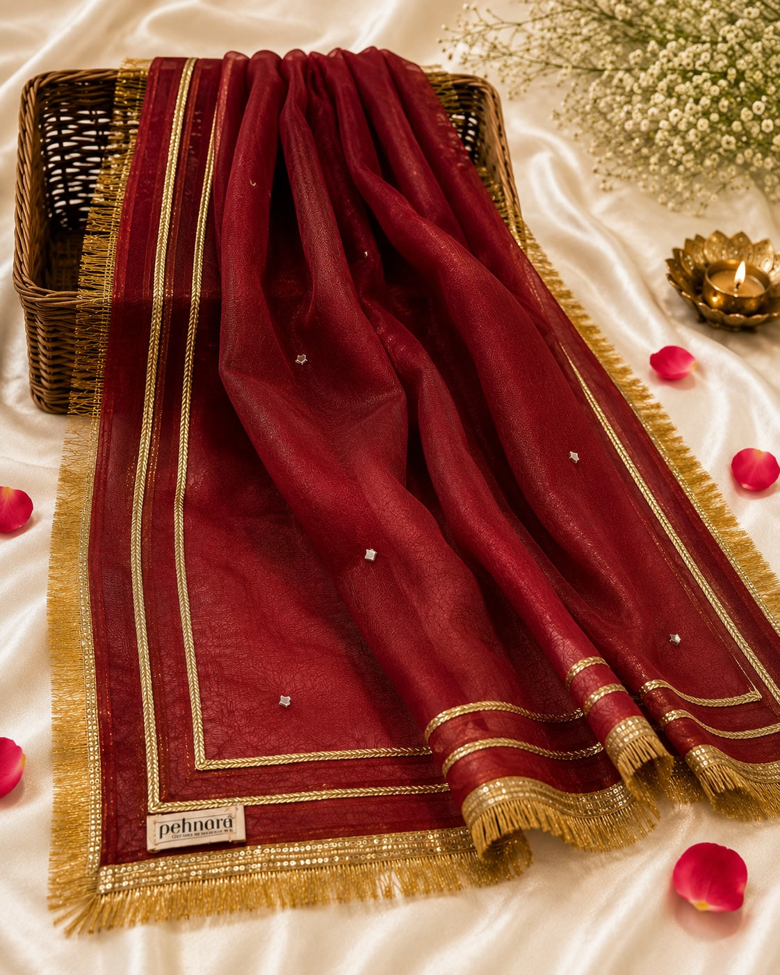 Premium Maroon Organza Dupatta with Silver Star Butti