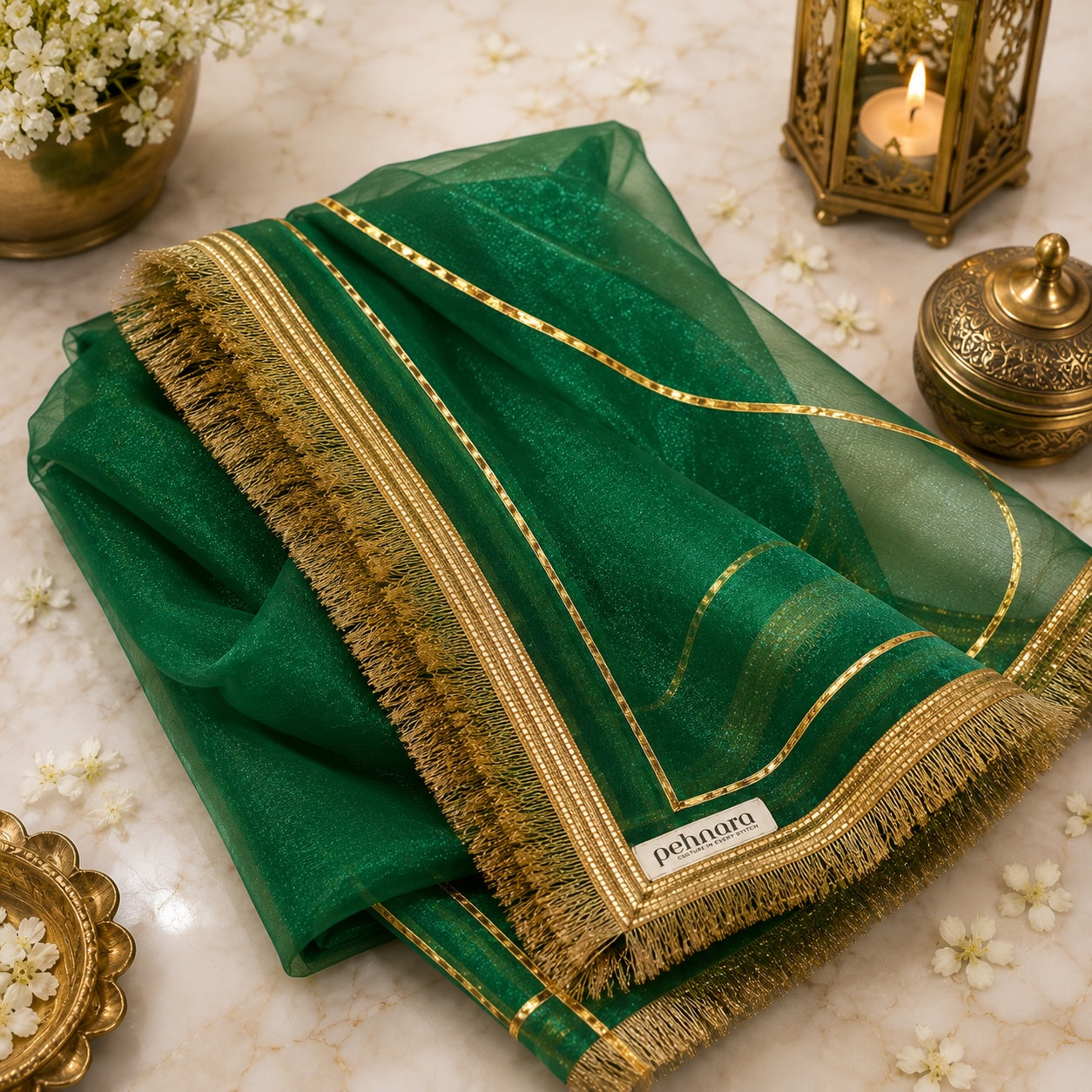 Emerald Green Organza Dupatta | Heavy Gold Border | Pehnara