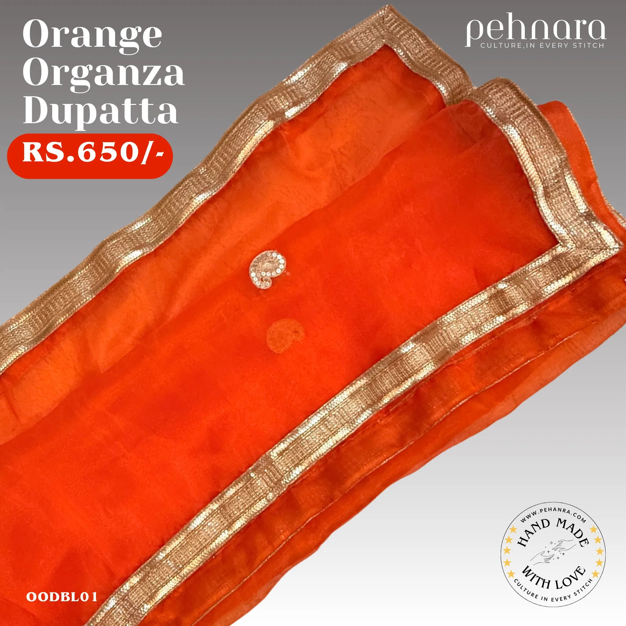 Orange Organza Dupatta with Gold Border