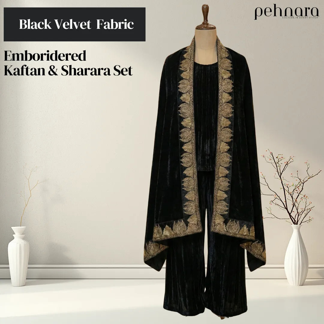 Regal Velvet Zari Embroidered Kaftan with Crushed Velvet Sharara Set
