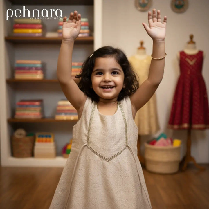 Child in a beige dress with arms raised in a room with books and a red dress on a mannequin.