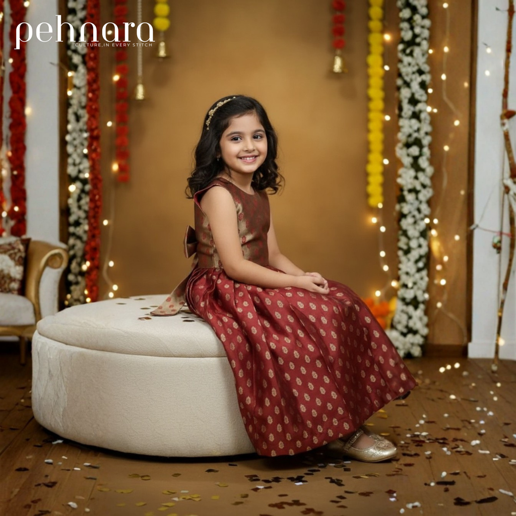 Maroon Banarasi Brocade Dress – Bow Back by Pehnara