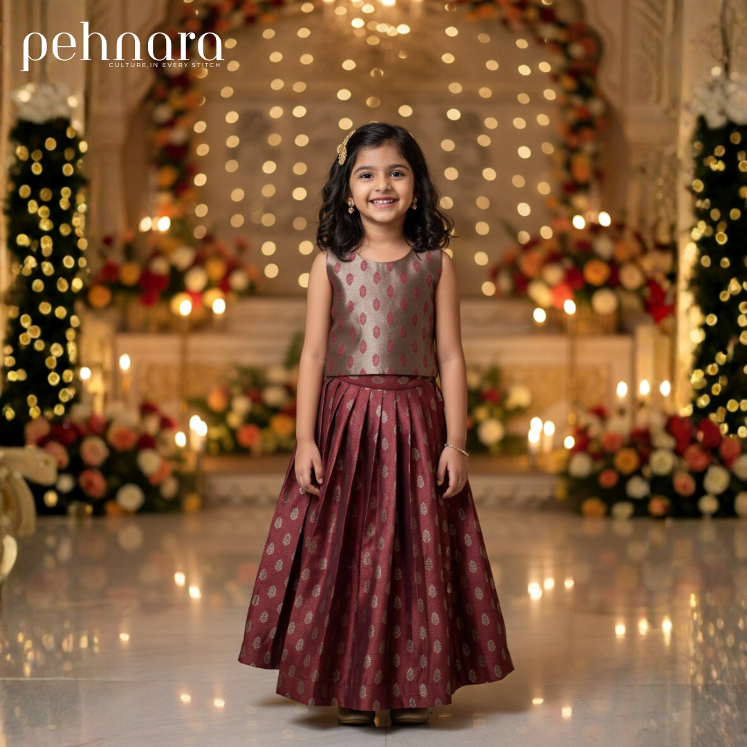 Maroon Banarasi Brocade Dress – Bow Back by Pehnara