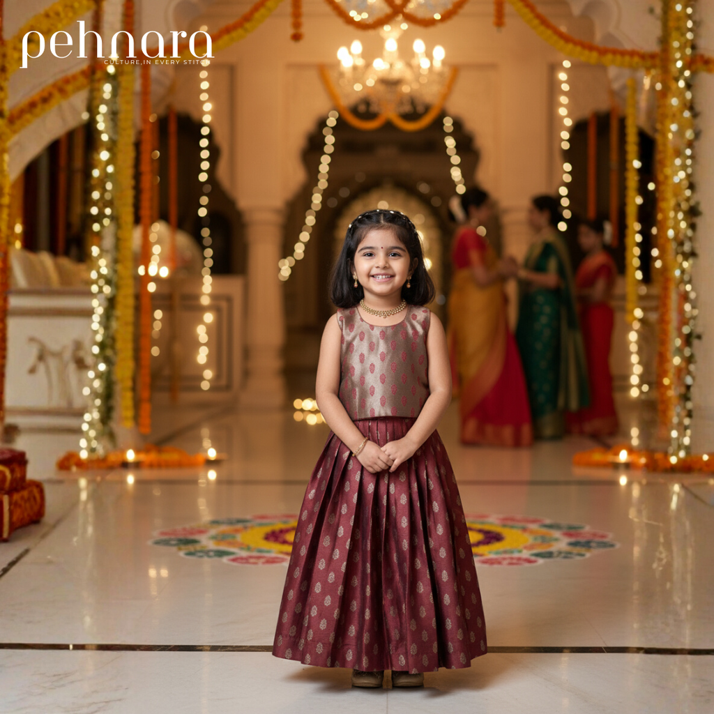 Maroon Banarasi Brocade Dress – Bow Back by Pehnara