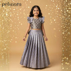 Young girl in a gray traditional outfit with ruffled sleeves against a gold glittery background, featuring the brand 'pehnara'.