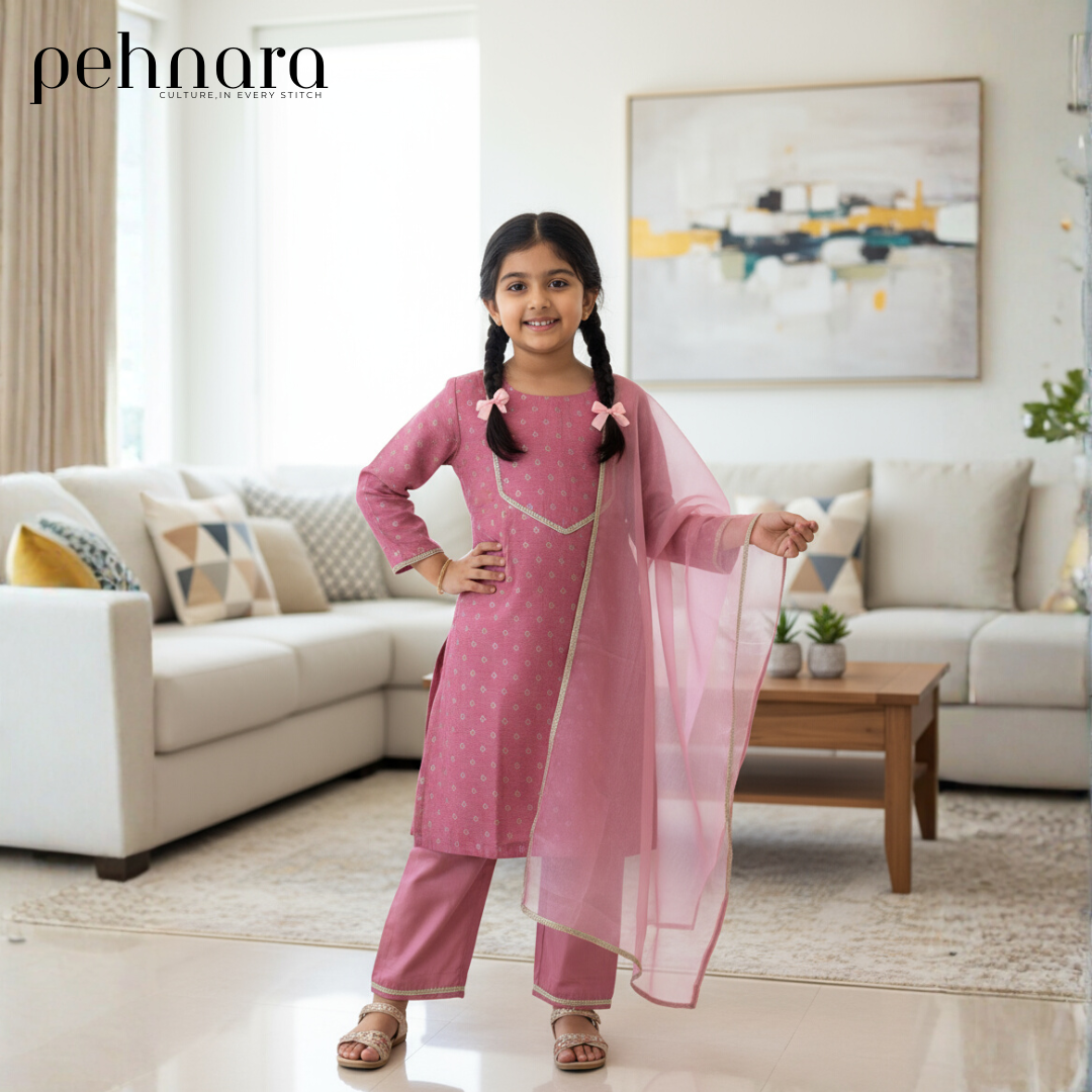 Pink Banarasi Kurti Pant Set with Dupatta – By Pehnara