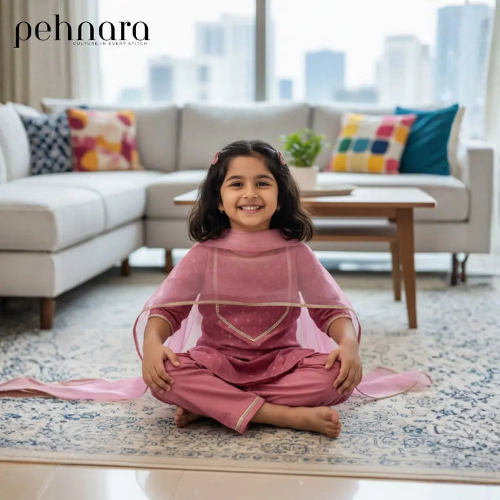 Young girl in a pink traditional outfit sitting on a rug in a modern living room.