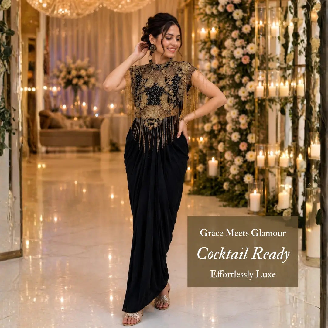 Pehnara Noir Embellished Drape Skirt Set