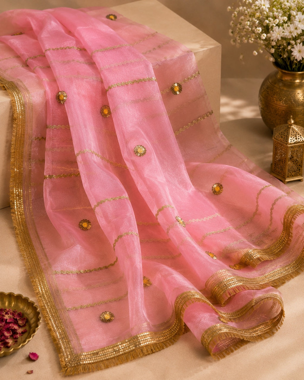 Candy Pink Organza Dupatta | Amber Stone Butti | Pehnara