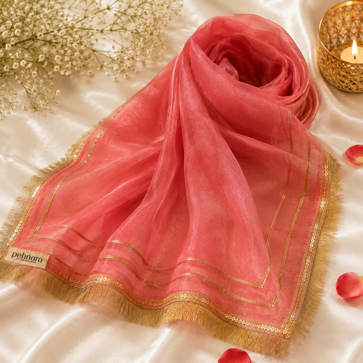 PEHNARA — Coral Rose Organza Dupatta