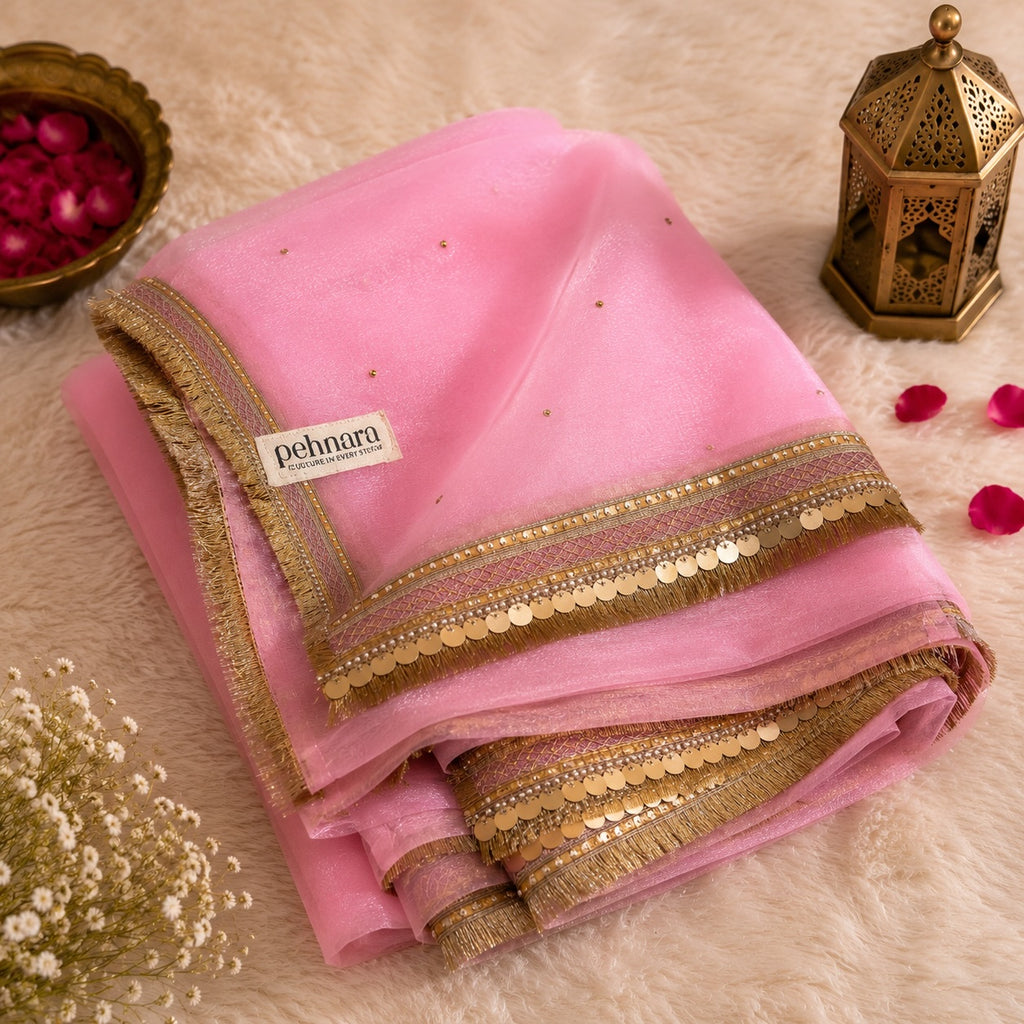Flamingo Pink Organza Dupatta | Gold Coin Border | Pehnara